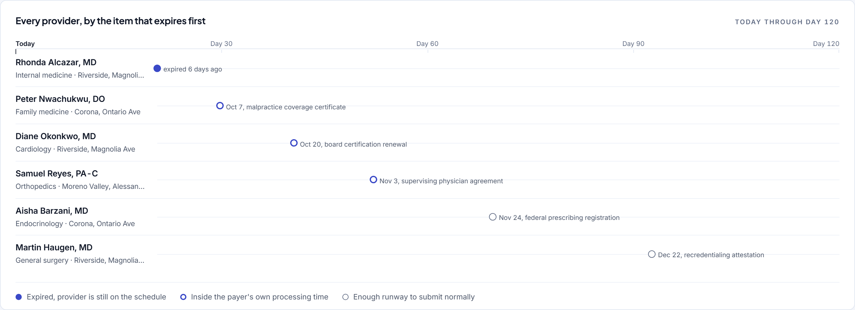 Detail from the Provider File software. The horizon. Time runs left to right and the pip is the date the item expires.