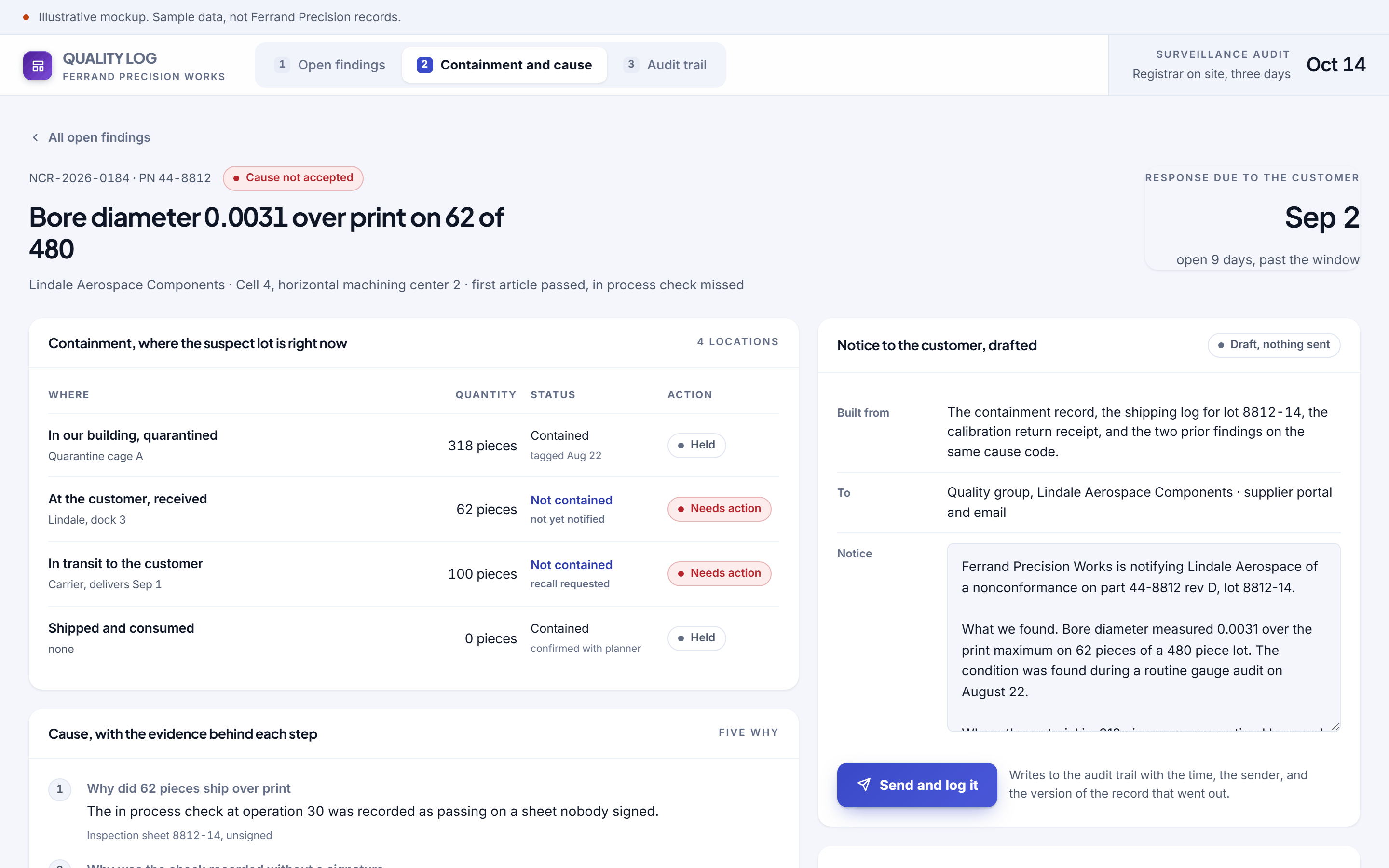 Quality Log software for Ferrand Precision Works, screen 2 of three, containment and cause. Containment as a location table, so all four hundred and eighty pieces are accounted for including the sixty two at the customer and the hundred on a truck.