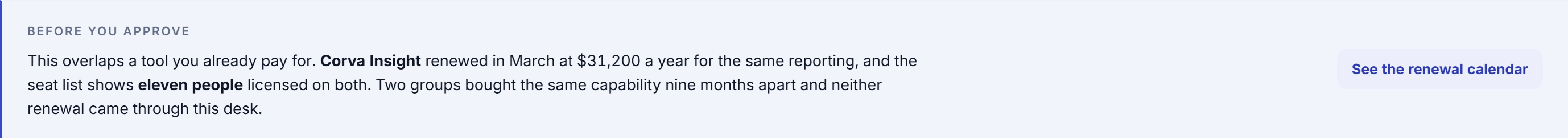 Detail from the Spend Desk software. An overlap surfaced before the approval, not after the invoice.